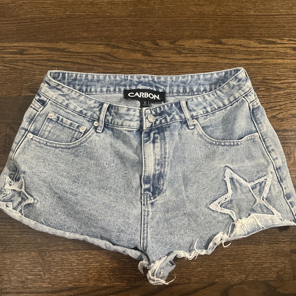 CARBON Cut Off Denim Shorts Light Blue Distressed Fringe Juniors 11 Women